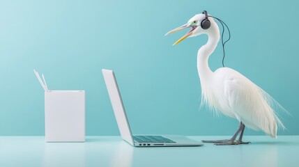 Obraz premium Elegant Heron in Virtual Office: Remote Working Conference Call on Blue Background