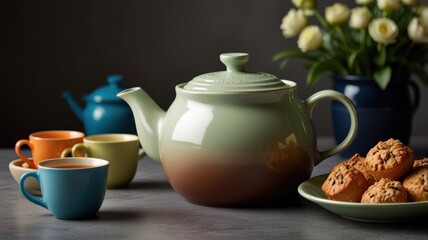 Here's a caption and keywords for your stock photo.. Serene tea time scene pastel teapot, colorful teacups, and freshly baked cookies.