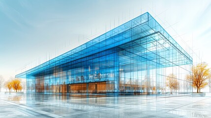 Fototapeta premium Highlighting its modern design, the digital sketch of a glass building showcases its exterior, which beautifully reflects the surrounding landscape and creates a sense of openness.