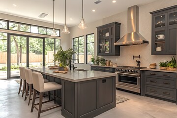 Modern Kitchen Design with Dark Cabinets, Large Island, and Elegant Lighting Featuring Stainless Steel Appliances and Large Windows Overlooking a Beautiful Outdoor Space.
