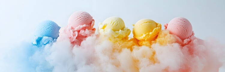 Sweet pastel-colored ice cream scoops nestled in a fluffy cloud of cotton candy. A dreamy dessert!