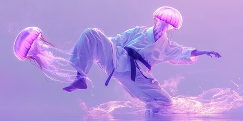 Obraz premium Martial Arts Jellyfish - Colorful Karate Kick in Purple Background