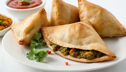 Delicious Fried Samosas with Tomato Sauce and Parsley Garnish 05