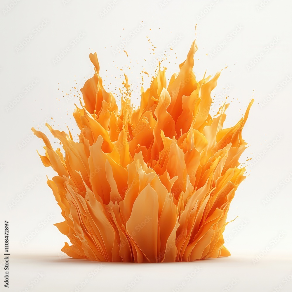 Poster a vibrant explosion of orange elements resembling flames bursts upwards against a light backdrop, cr