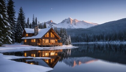 Obraz premium Serene Winter Cabin by the Lake with Majestic Mountain View: A Picturesque Snowscape