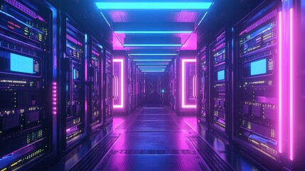 A dark server room with vibrant neon lights illuminating cables and processors