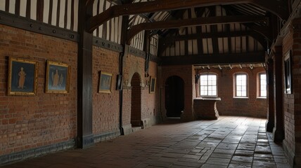 Ancient brick hallway with wooden beams, arched doorways, and framed artwork.
