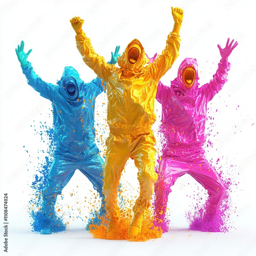 Poster three figures in colorful hooded outfits joyfully splash paint, creating a vibrant explosion of colo