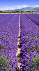 Fototapeta premium A vibrant field of blooming lavender under a clear blue sky.