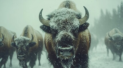Snow Covered Bison Herd Braving Winter Storm