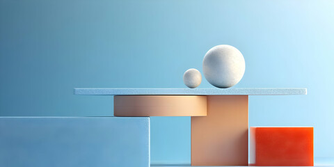 3D Render Pastel Blue Cube Sphere Balance