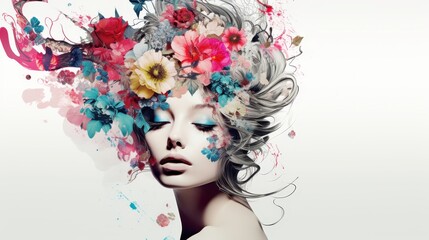 Enchanting Portrait of a Woman Surrounded by a Colorful Floral Explosion in Artistic Style with Soft, Ethereal Elegance and Vibrant Hues