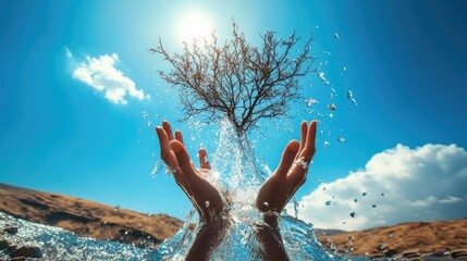 A surreal scene of hands reaching out to a tree emerging from splashing water under a bright sky.