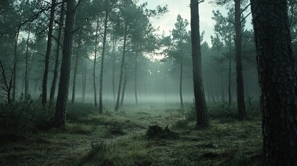 Obraz premium A dense fog rolling over a pine forest, mysterious and moody, cinematic tones