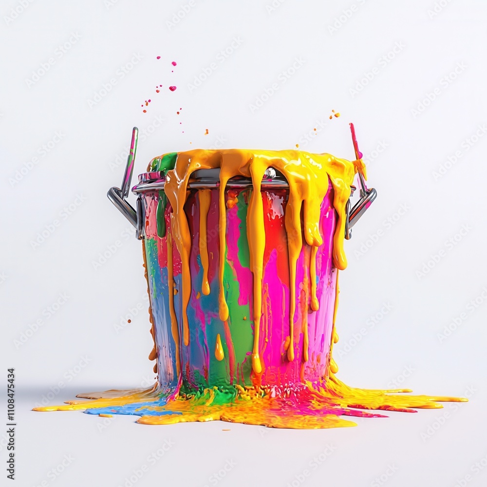 Poster a vibrant paint bucket overflowing with colorful paint, creating a splash of colors on a clean backg