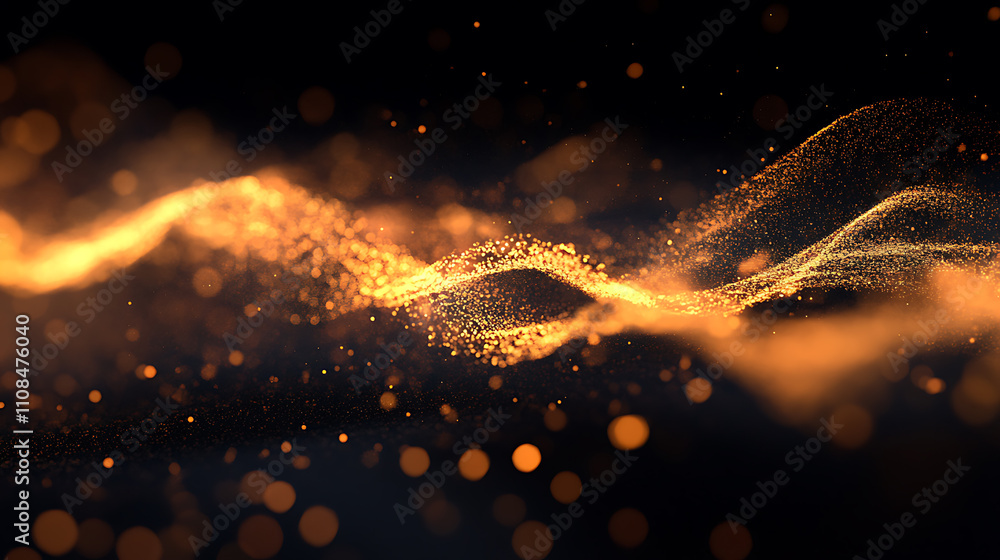 Poster dynamic golden particles flowing in abstract waves studio visual art dark background close-up moveme