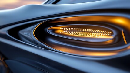 Fototapeta premium Close-up of a car's illuminated rear light, showcasing its sleek design and modern technology at sunset.