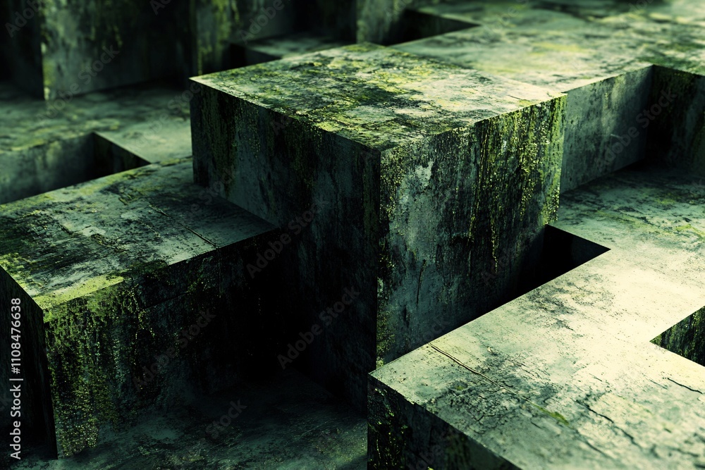 Aufkleber abstract textured blocks with moss, creating a mysterious and industrial atmosphere.