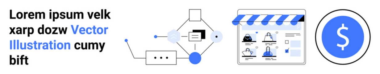 Online store interface with shop items, connecting technology symbols, and a financial growth icon. Ideal for e-commerce, online business, technology integration, financial planning, digital