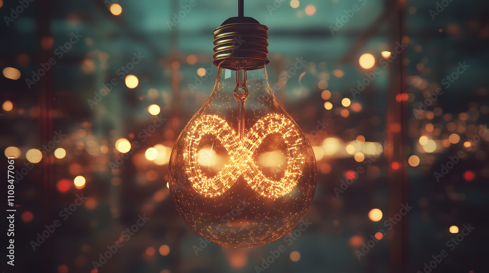 Poster a glowing light bulb with an infinity symbol inside, surrounded by soft bokeh lights.