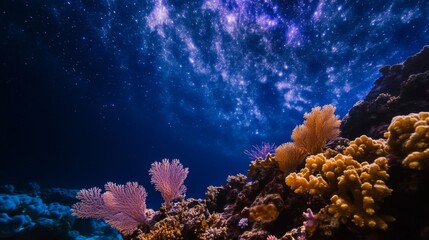 Obraz premium Starry Night Sky Over Underwater Coral Reef