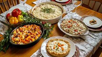 A home-cooked meal laid out on a family dinner table, with roasted vegetables, rice pilaf, and a homemade pie for dessert 