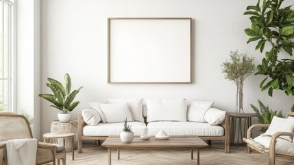 Minimalist Living Room with White Sofa and Large Blank Canvas