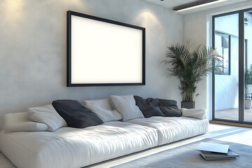 Obraz premium A modern living room featuring a light-colored sofa, decorative cushions, a large blank wall-mounted screen, and a plant, creating a minimalist and cozy atmosphere.