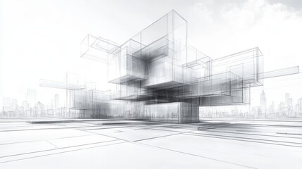 Fototapeta premium Abstract architectural rendering of a modern building design with a city skyline in the background.