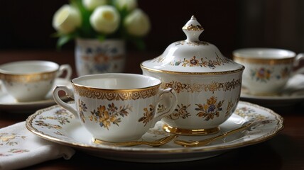 Fototapeta premium Elegant porcelain tea set with gold trim on a wooden table.