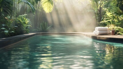 A relaxing floating in a tranquil pool surrounded by lush greenery, with soft sunlight reflecting off the water for a peaceful retreat.