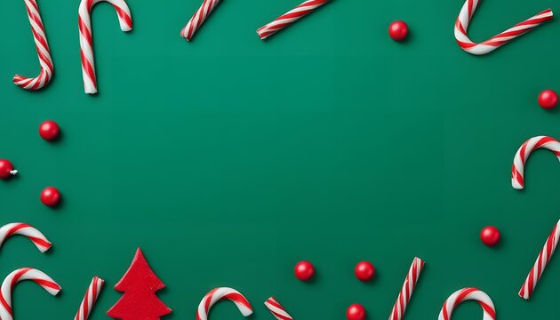 Festive Christmas Candy Canes and Red Balls on Green Background for Holiday Season