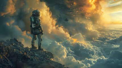 An astronaut gazes at a dramatic, cloud-filled landscape illuminated by distant celestial events.