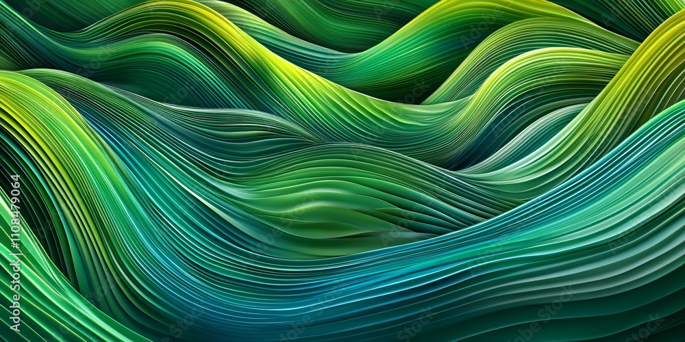 Poster abstract waves in green and blue hues create a dynamic, flowing visual effect.