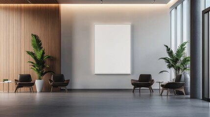 Fototapeta premium Modern Lobby with Two Chairs, Palm Plants, and a Large Blank Canvas