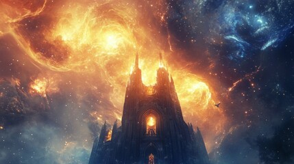Obraz premium A Gothic Cathedral Rises Against a Fiery Cosmic Background
