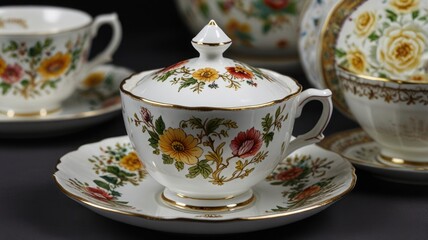 Fototapeta premium Elegant floral teacup and saucer set with lidded sugar bowl.
