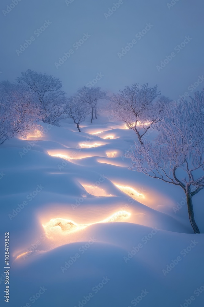 Poster serene winter scene featuring snow-laden trees and a softly lit path, creating a magical atmosphere 