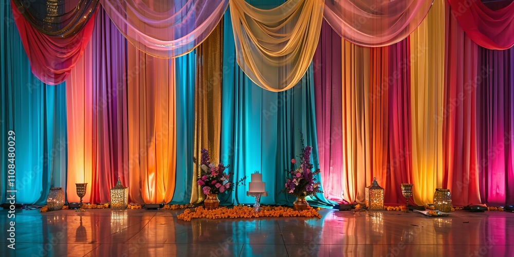 Poster a colorful backdrop with a cake on a table in the middle. the cake is decorated with flowers and is 