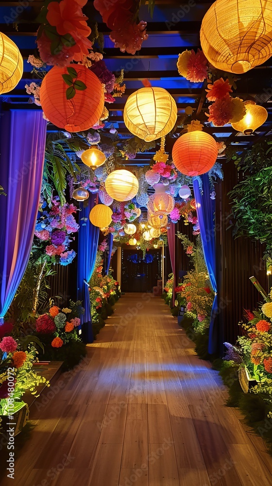 Poster a long hallway with many colorful lanterns hanging from the ceiling. the lanterns are of different s