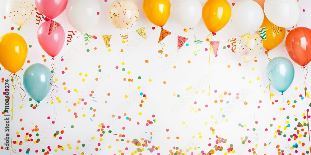 Poster a colorful background with many balloons and confetti. the balloons are in various colors and sizes,