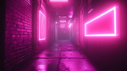 futuristic corridor with neon lights and brick wall 3d rendering - Generated AI