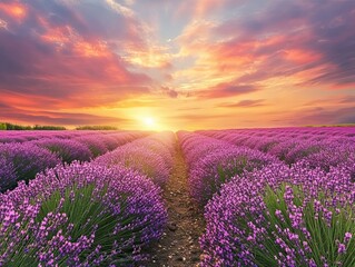 Fototapeta premium Sunset over rows of purple lavender.