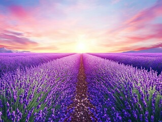 Obraz premium Sunset over rows of purple lavender.
