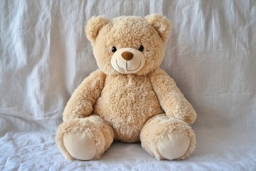Obraz premium A teddy bear is sitting on a white surface. The bear is smiling and he is happy