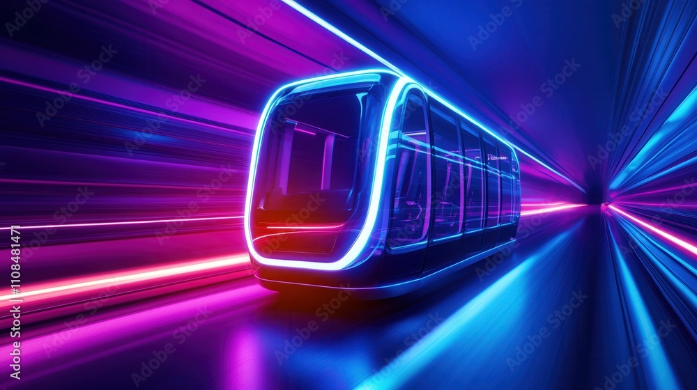 Poster a futuristic train with vibrant neon lights speeds through a dynamic, illuminated tunnel, creating a