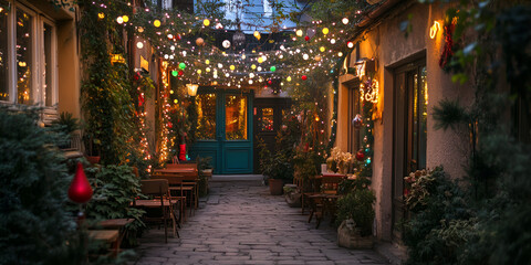 Fototapeta premium Festive Street Decoration with Lights and Ornaments