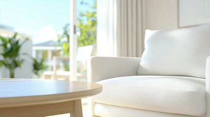 Obraz premium minimalist modern living room, neutral color palette, soft lighting, contemporary furniture, round armchairs and ottomans