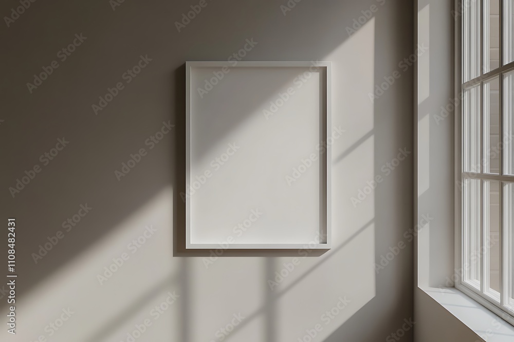 Poster a minimalist room features a blank frame on a wall, illuminated by soft sunlight casting shadows fro