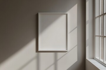 A minimalist room features a blank frame on a wall, illuminated by soft sunlight casting shadows from a nearby window.